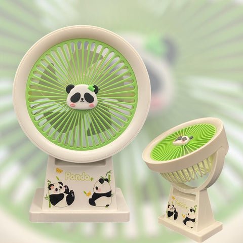 The fan in the image is a Panda-themed mini portable and desktop fan that is USB rechargeable and features multiple speed settings.