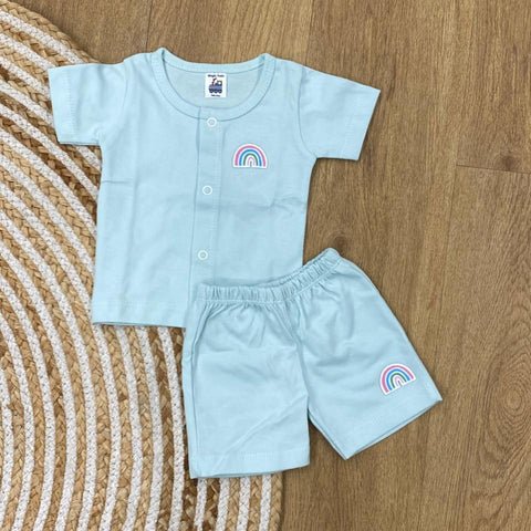 The item in the image is an (Magic train)Unisex Cotton Plain Baby Short Sleeves Suit & Short Pants. The small logo on both the shirt and shorts is a rainbow.