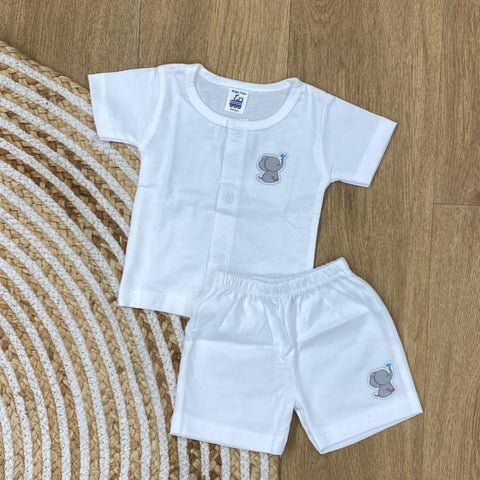 The item in the image is an (Magic train)Unisex Cotton Plain Baby Short Sleeves Suit & Short Pants. The small logo on both the shirt and shorts is a elephant.