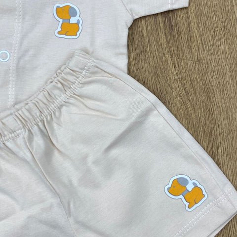 The item in the image is an (Magic train)Unisex Cotton Plain Baby Short Sleeves Suit & Short Pants. The small logo on both the shirt and shorts is a dog.
