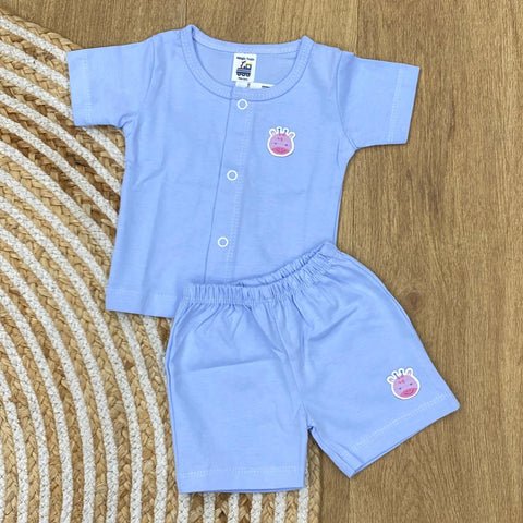 The item in the image is an (Magic train)Unisex Cotton Plain Baby Short Sleeves Suit & Short Pants. The small logo on both the shirt and shorts is a giraffe.