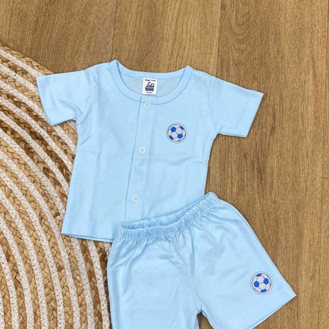 The item in the image is an (Magic train)Unisex Cotton Plain Baby Short Sleeves Suit & Short Pants. The small logo on both the shirt and shorts is a foot ball.