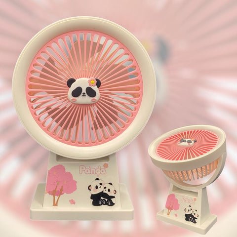 The fan in the image is a Panda-themed mini portable and desktop fan that is USB rechargeable and features multiple speed settings.