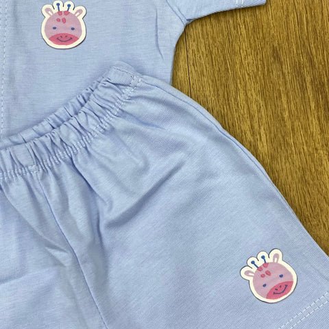 The item in the image is an (Magic train)Unisex Cotton Plain Baby Short Sleeves Suit & Short Pants. The small logo on both the shirt and shorts is a giraffe.