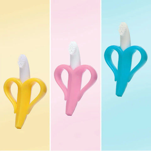 Hopop Banana Shaped Silicone Teether - Banana Teether with Soft Bristles - Easy to Hold and Chew